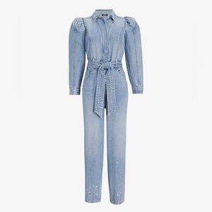 Express Puff Sleeve Tie Waist Medium Wash Denim Jumpsuit